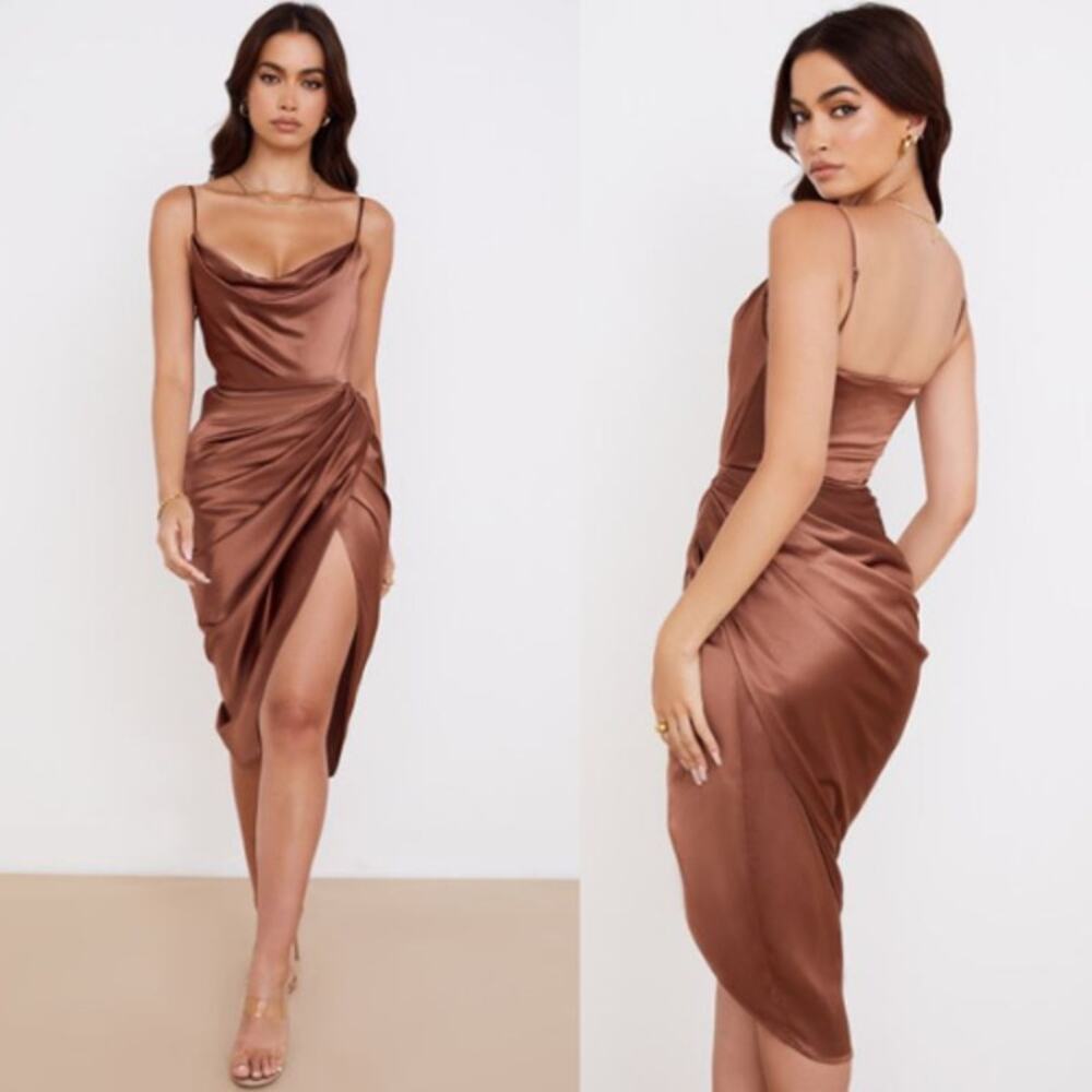 House of CB Satin Reva Corset Dress Front Slit Club Siren Glam Toffee Size XS